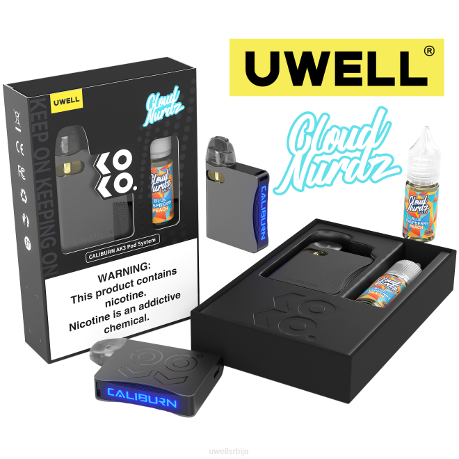 UWELL CALIBURN AK3 комплет + а3с 0.8охм махуне (к2) + татина пара 10мл соли 50мг црл: сива/флв: плава малина бресква 4TVT247 | UWELL VAPE PRICE