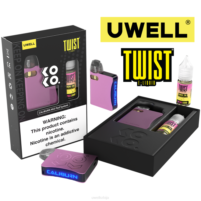 UWELL CALIBURN AK3 комплет + а3с 0.8охм махуне (к2) + татина пара 10мл соли 50мг црл: пинк/флв: пинк пунч лимунада 50мг 4TVT241 | UWELL SRBIJA